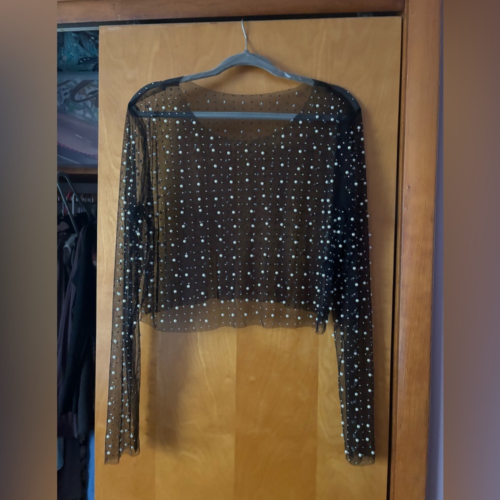 Harper & Ivy Black Mesh Top with Pearl Accents